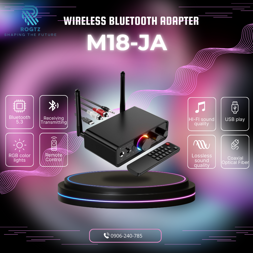 Hàng Chính Hãng - Bộ Thu Phát Bluetooth Nâng Cấp M18-JA - Chip Bluetooth 5.3 Phạm Vi Kết Nối 25-50m Hỗ Trợ APTX-HD Tích Hợp DAC Cao Cấp Đa Dạng Kết Nối AUX 6.5 mm 3.5mm, RCA, Optical, Coaxial, USB, NFC Chế Độ Linh Hoạt RX TX Hỗ Trợ Thẻ Nhớ Ngoài - ROGTZ