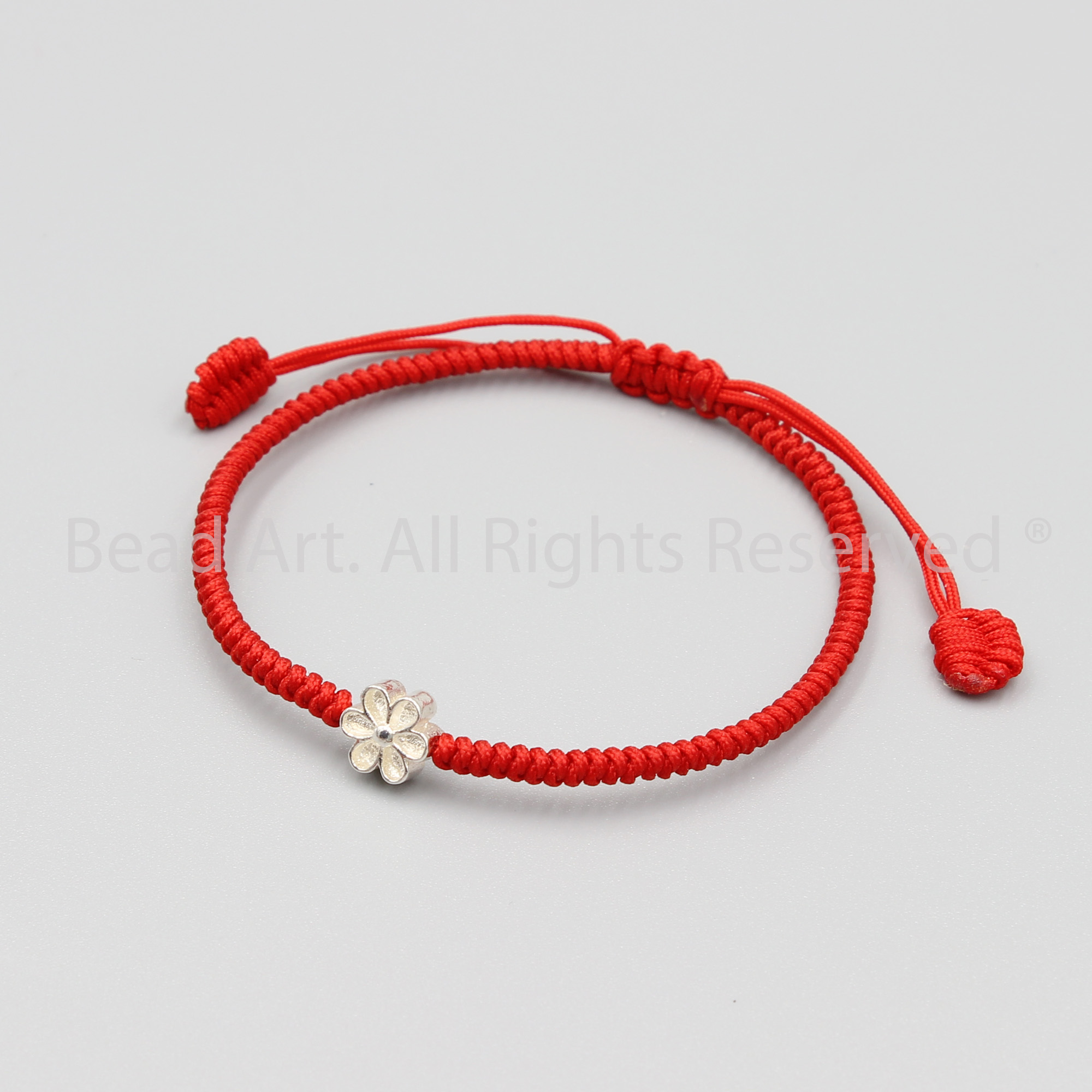 Vòng Tay Thắt Dây Đỏ Hình Hoa Cúc Nhỏ Bạc 925, Vòng Tay Phong Thuỷ - Bead Art