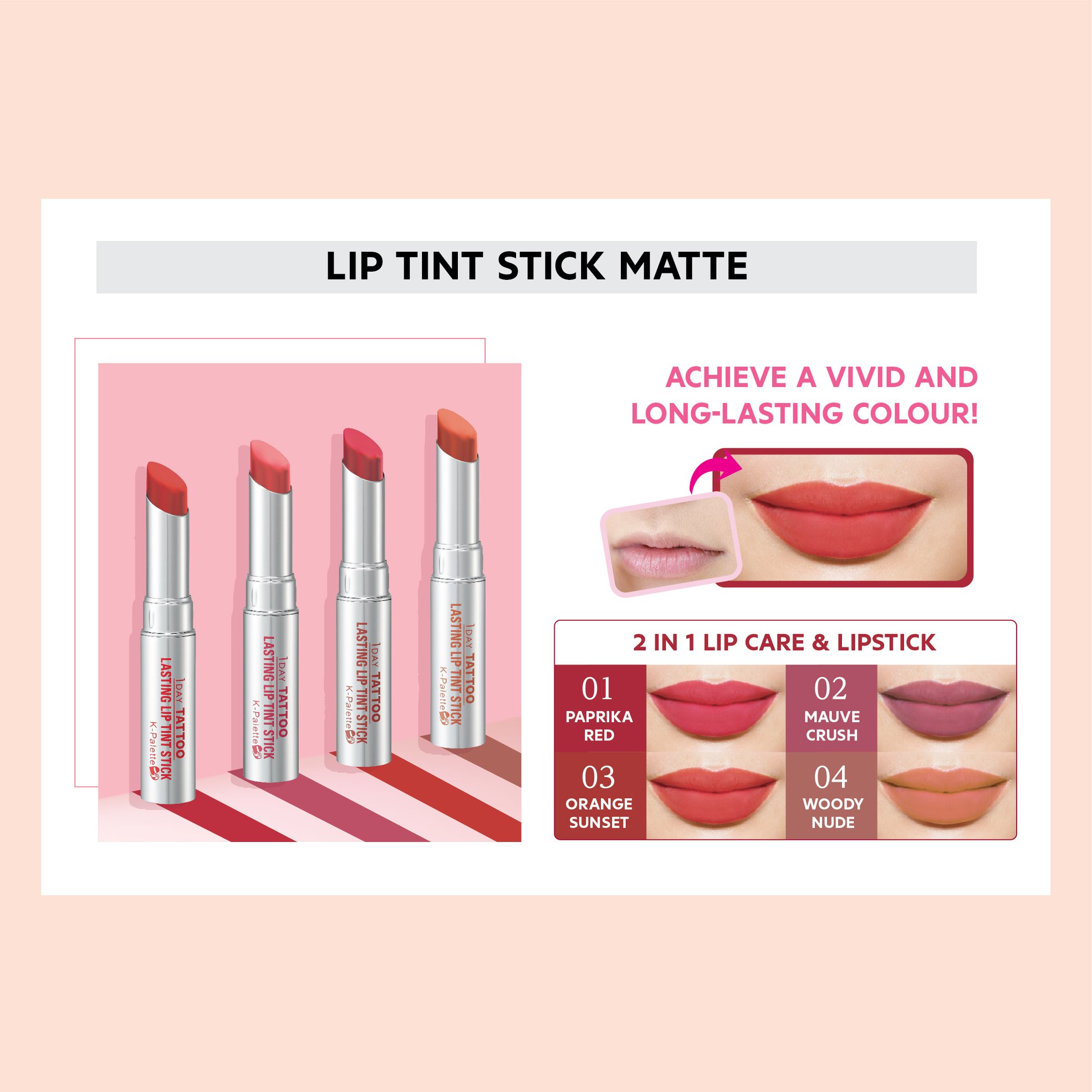 Son Môi Bán Lì Dưỡng Ẩm K-Palette Lasting Lip Tint Stick a Nhật Bản, Màu Đều, Tươi Tắn, Mịn Môi, Tông Đỏ Tươi, Hồng Trầm, Cam Đỏ