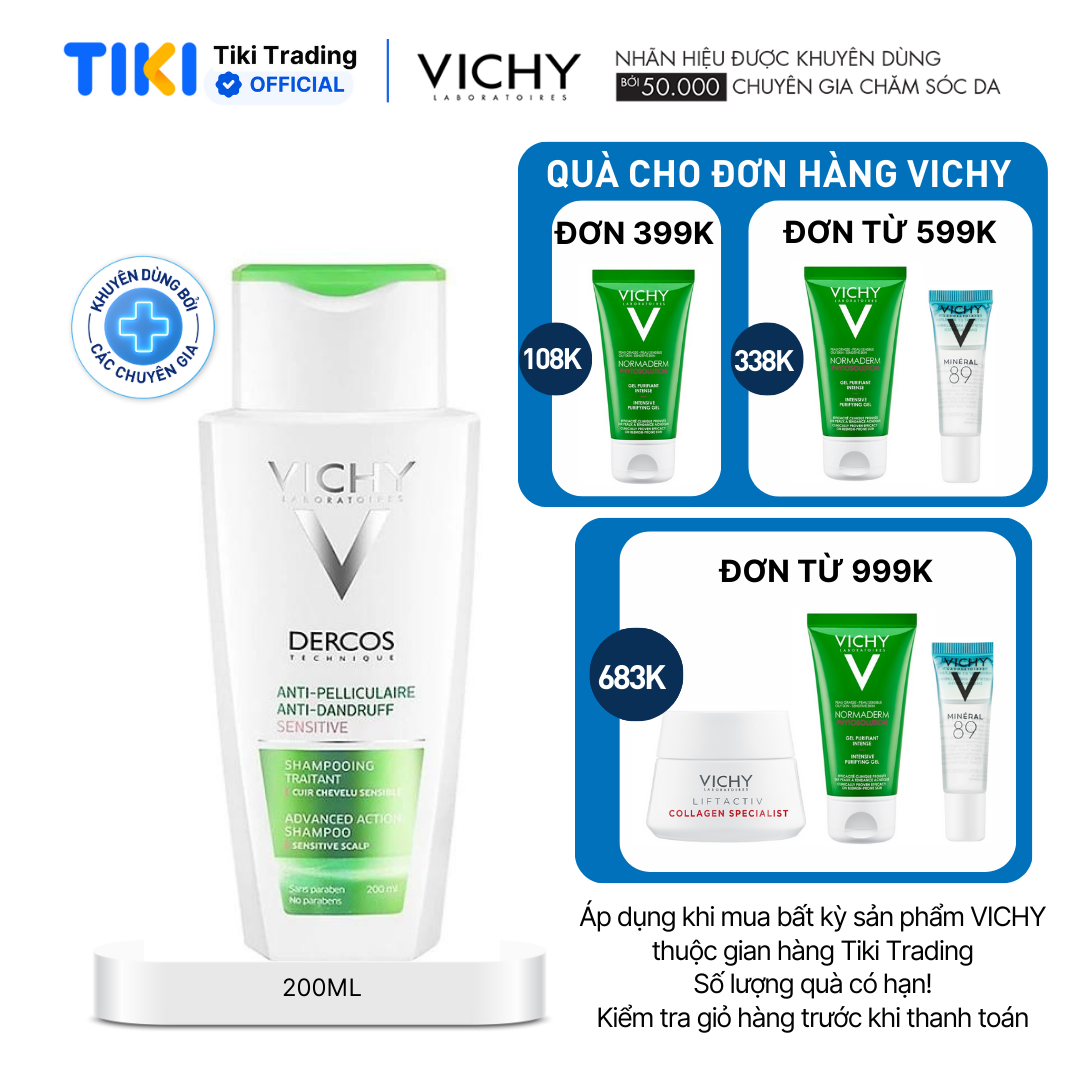 Dầu gội giúp sạch gàu và làm dịu da đầu ngứa - dành cho da nhạy cảm Vichy Dercos AntiPelliculaire 200ml
