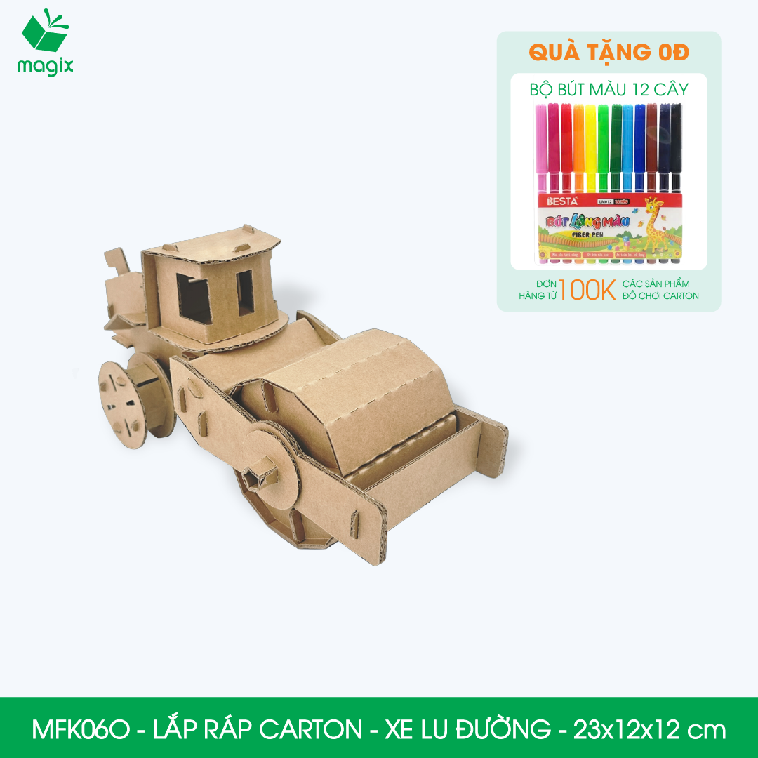 MFK06O - Xe nén đất, đầm đất - 23x12x12 cm - Đồ chơi lắp ráp mô hình từ bìa carton cứng cao cấp