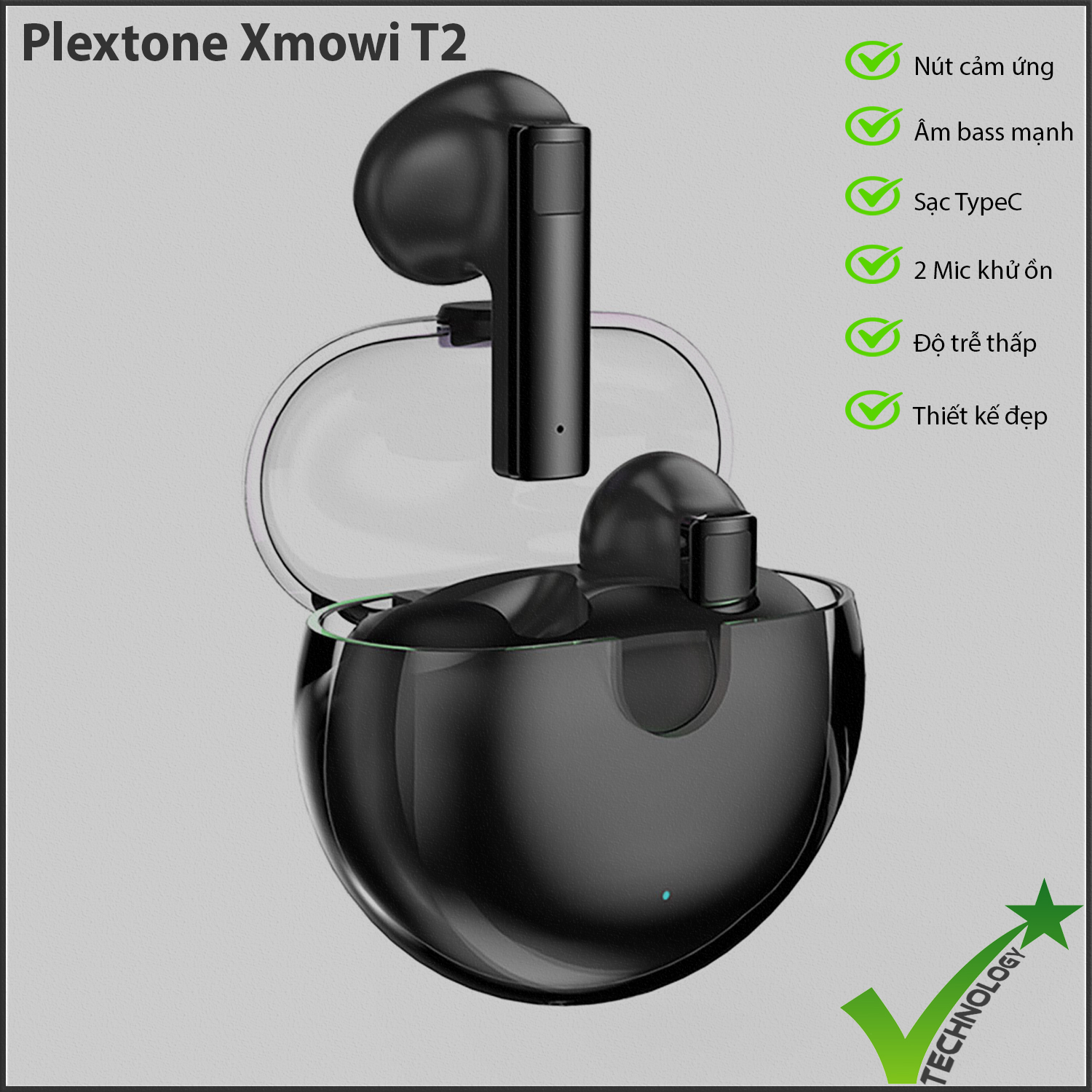 Tai nghe true wireless earbuds Plextone xMowi T2 - Điều khiển cảm ứng - Sạc Type C - Âm bass mạnh mẽ - Pin trâu - Mic khử ồn - Độ trễ thấp - Thiết kế đẹp - Hàng Chính Hãng