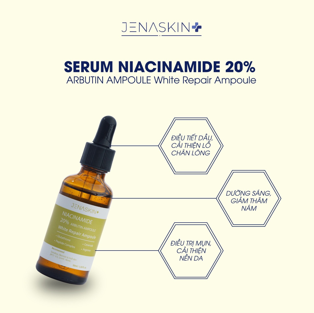 Tinh chất dưỡng Trắng Jenaskin Niacinamide 20%, Serum dưỡng sáng da, trắng da, giảm thâm nám 50ml