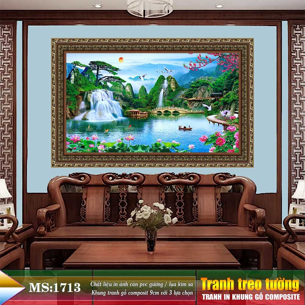 Tranh treo tường phòng khách, phòng ngủ SƠN THỦY HỮU TÌNH khung gỗ composit chất liệu pvc gương / lụa kim sa. MS:1713L9