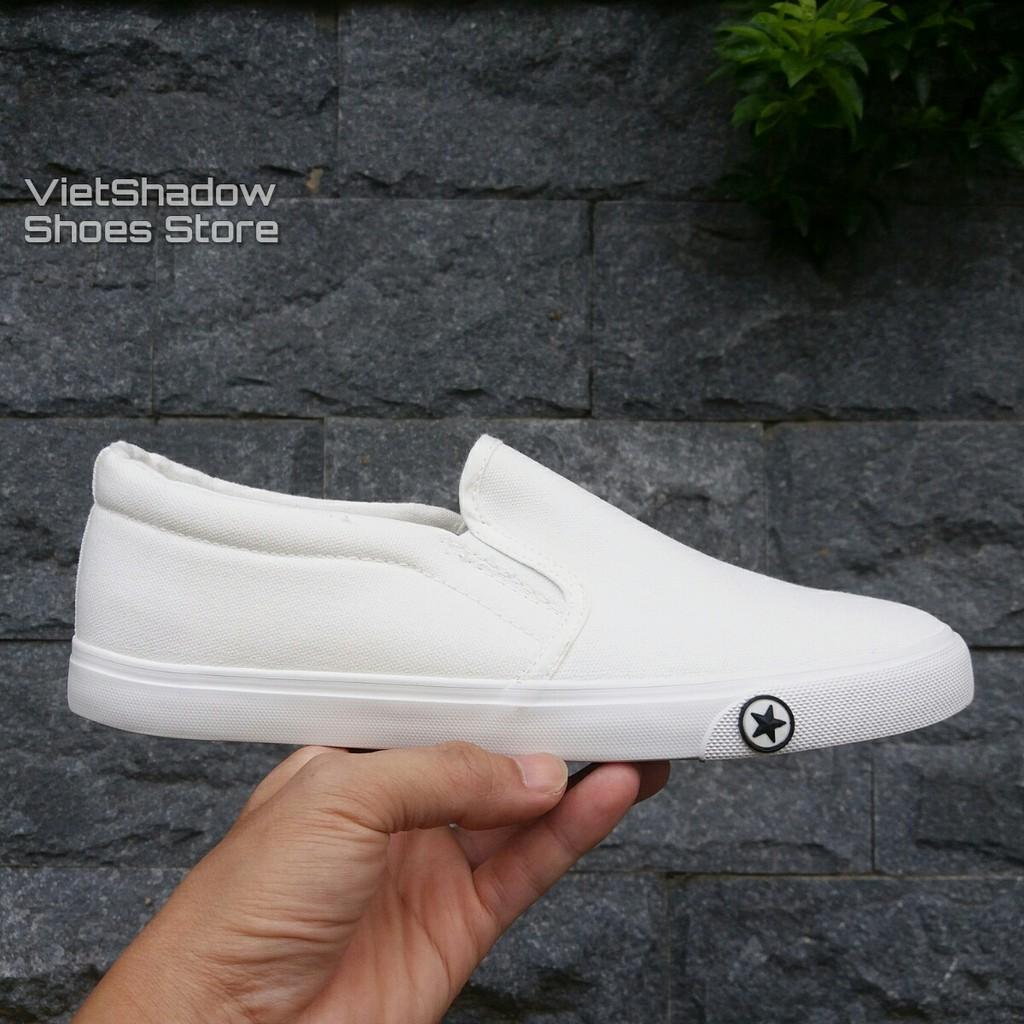 Slip on nữ - Giày lười vải &quot;Little Star&quot; - Vải thô màu trắng full và đen đế trắng - Mã SP B128