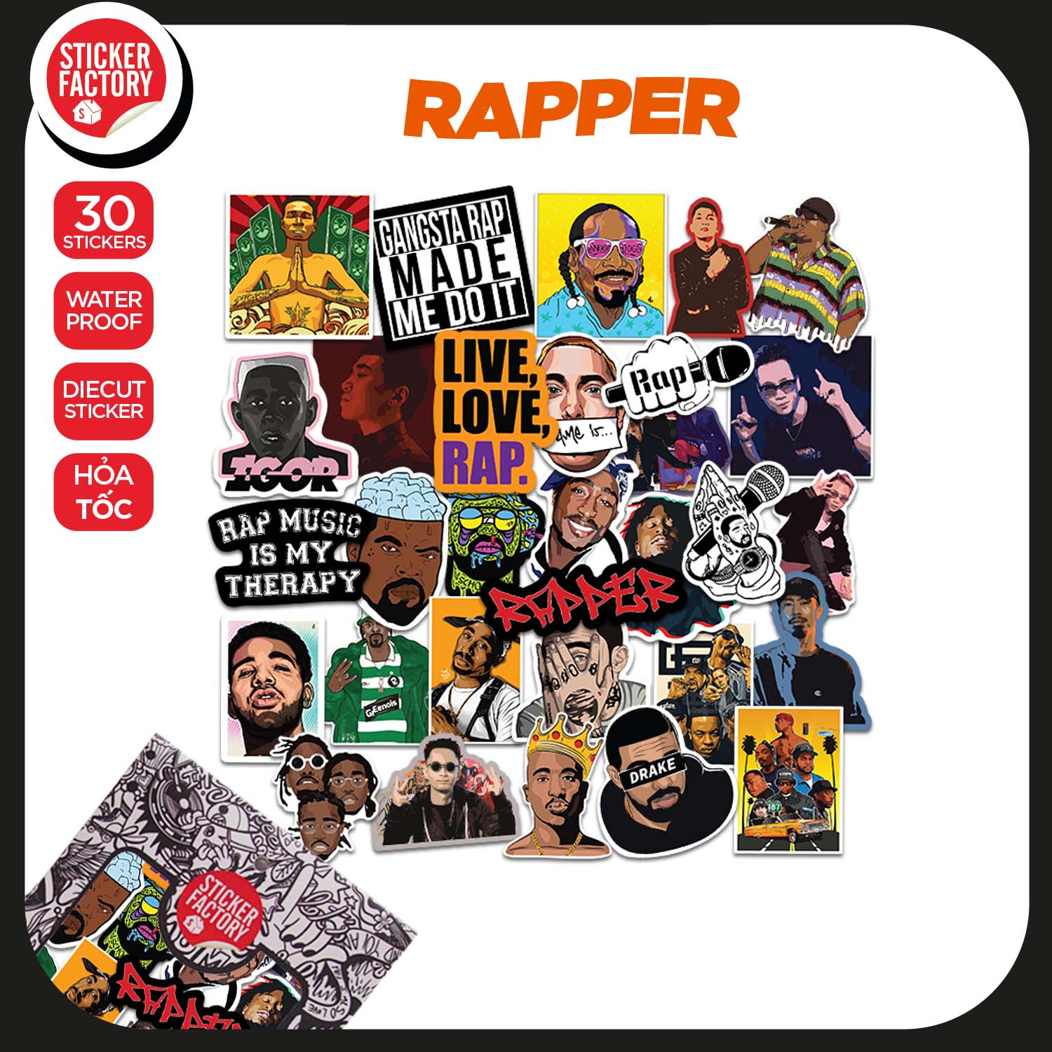 Rapper - Set 30 sticker decal hình dán nón bảo hiểm, laptop, xe máy, ô tô - STICKER FACTORY