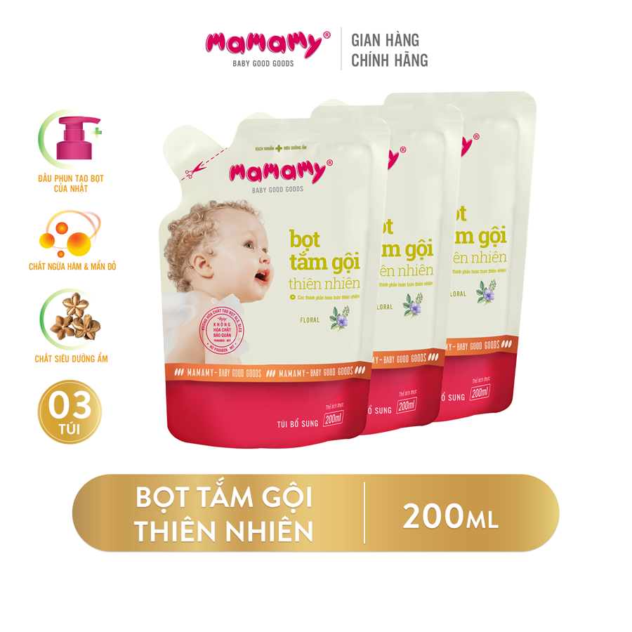 Combo 3 Túi Bổ Sung Bọt tắm gội thiên nhiên Mamamy an toàn cho bé hương Floral 200ml/túi