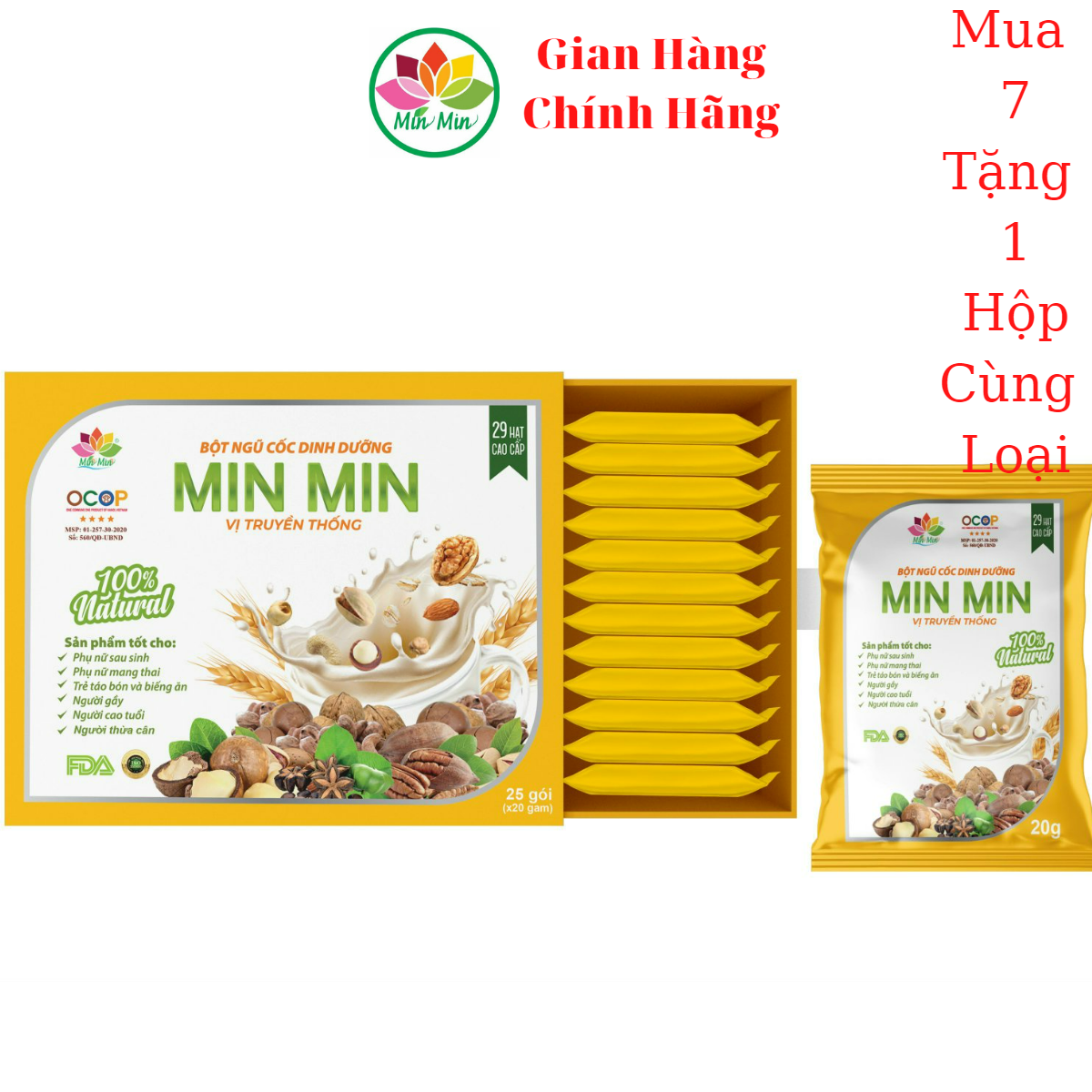 7 hộp (tặng 1 Hộp) Ngũ Cốc Min Min 29 hạt Dinh Dưỡng ( 1 Hộp 500gr - 25 gói )