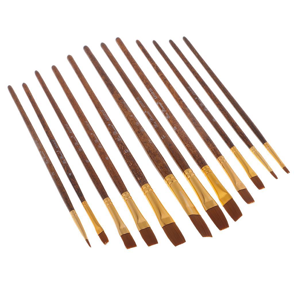 12x Nylon Hair Wood Handle Artist Oil Paint Brush Art Brushes Painting Brush