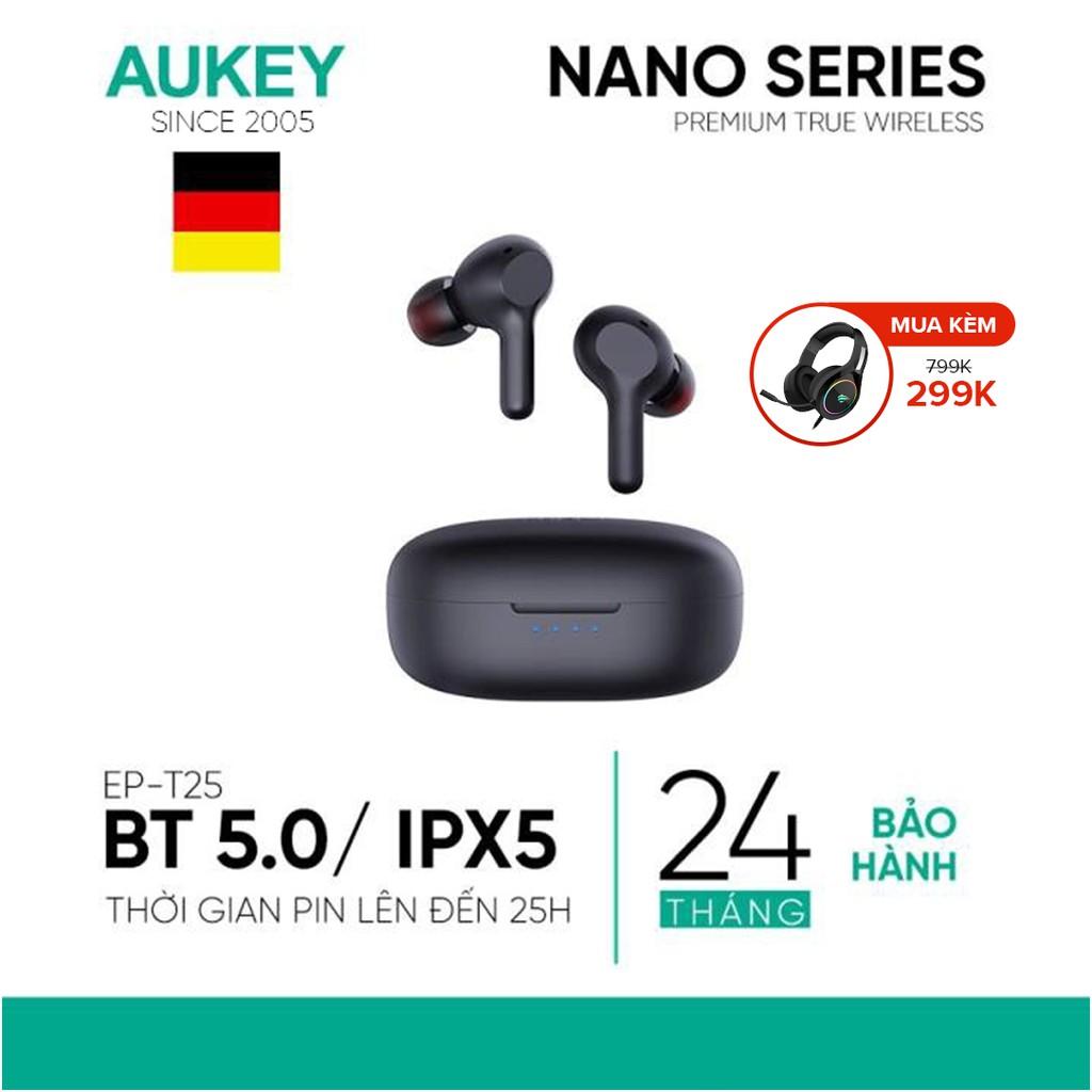 Tai Nghe TWS AUKEY EP-T25, BT 5.0, Pin Tới 25H, Cảm Ứng, Chống Nước IPX5, Độc Lập 2 Tai - Hàng Chính Hãng