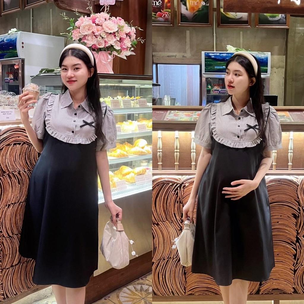 Đầm bầu giả yếm sọc sơ mi cotton hàn phom suông trẻ trung, năng động Váy Bầu Voi - Xanh đen