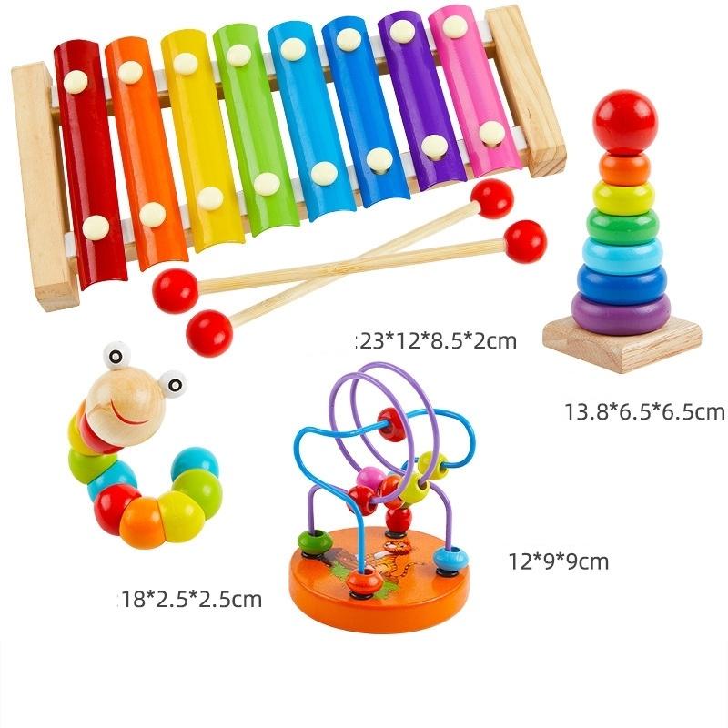 Đồ Chơi Gỗ Combo 04 Món Đồ Chơi Gỗ Luồn Hạt Con Sâu Uốn Dẻo Đàn 8 Thanh Tháp Cầu Vồng