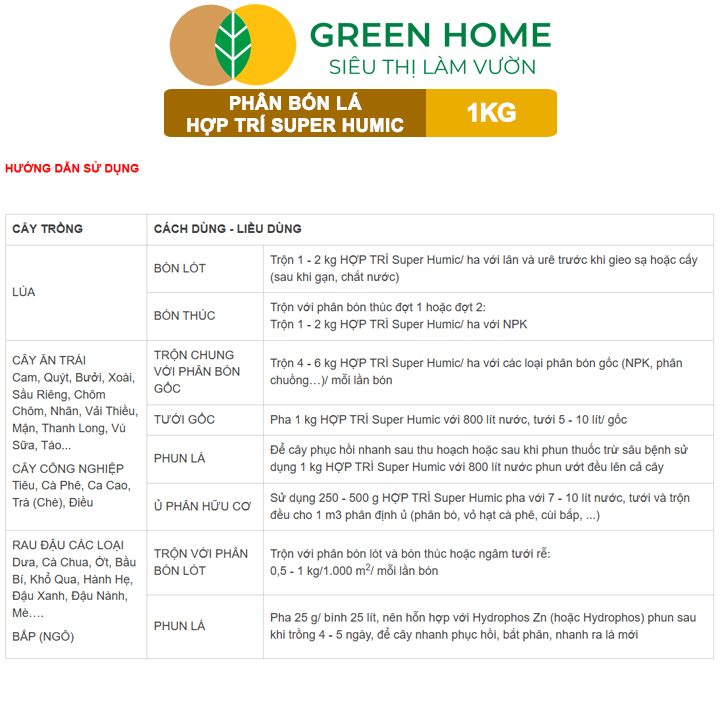 Phân Bón Lá Hợp Trí Super Humic GreenHome, Gói 1kg, Rễ Mạnh, Cây Khỏe, Đất Tơi Xốp, Phì Nhiêu