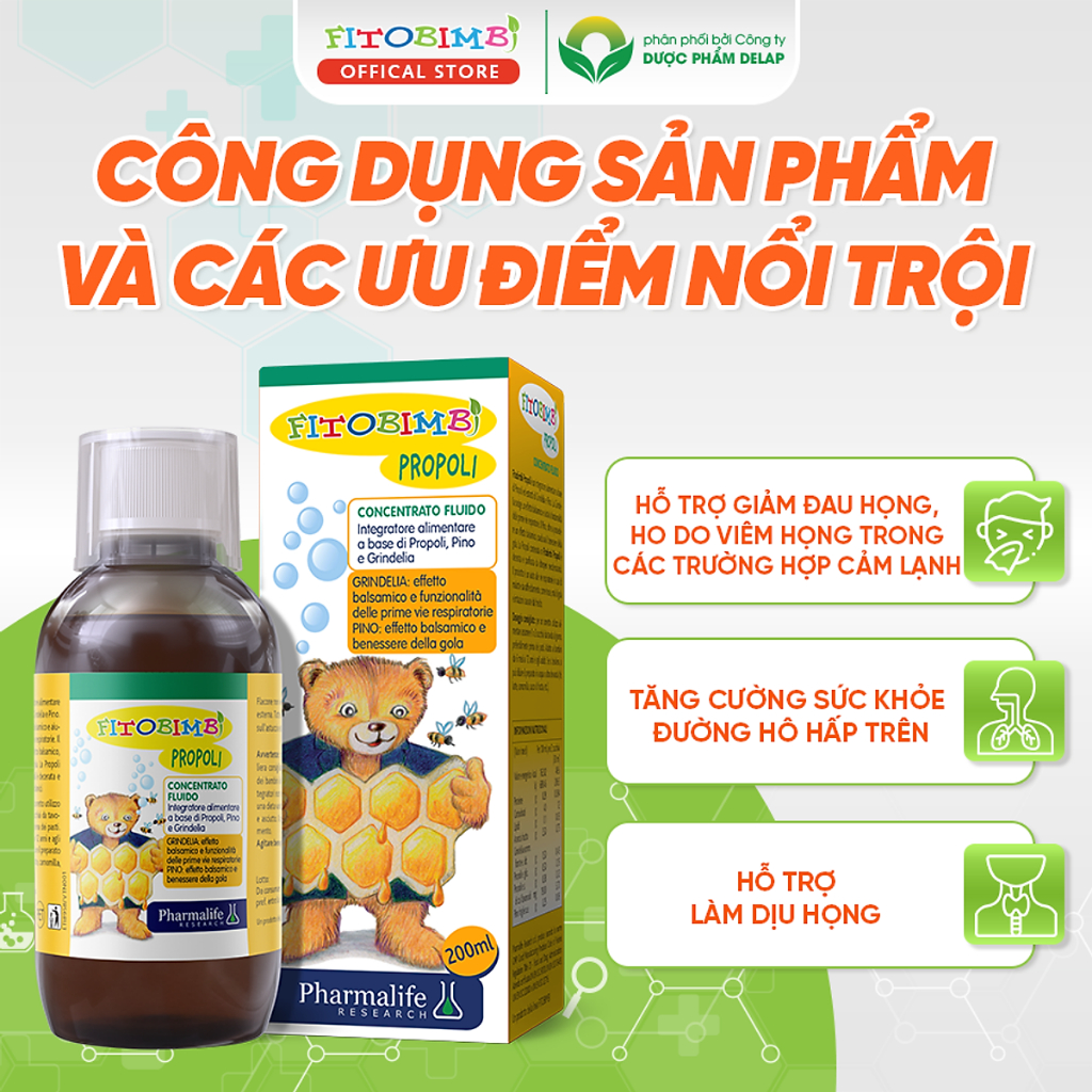 Fitobimbi Propoli - siro thảo dược giảm ho do cảm lạnh, chai 200ml