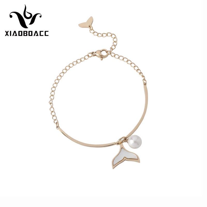 XiaoboACC Titanium Steel Dolphin Mermaid Tail Pendant Pearl Bracelet