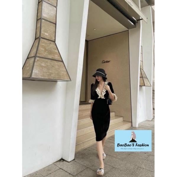 Đầm nhung cách điệu cổ V phối ren