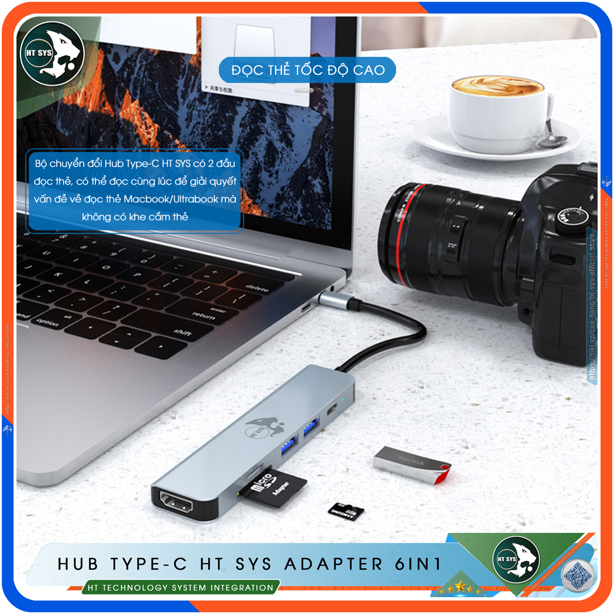Hub Type C To HDMI HT SYS 6in1 Chuẩn HDTV - Hub Chuyển Đổi USB Type-C 6 Cổng - HDMI 4K, USB 3.0, Sạc Nhanh Type C PD, Khe Đọc Thẻ SD/TF - Kết Nối Tốc Độ Cao - Dành Cho MacBook, Tivi, Laptop, PC, Máy Tính Bảng, Smartphone – Hàng Chính Hãng