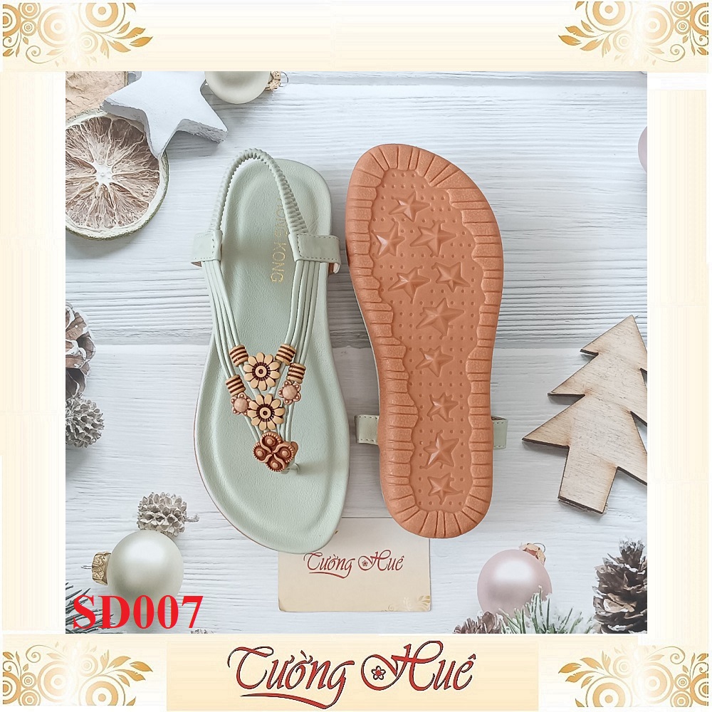 [Ảnh Thật 100%] Sandal Nữ Xỏ Ngón Quai Đính Hoa Đế Bệt - SD007