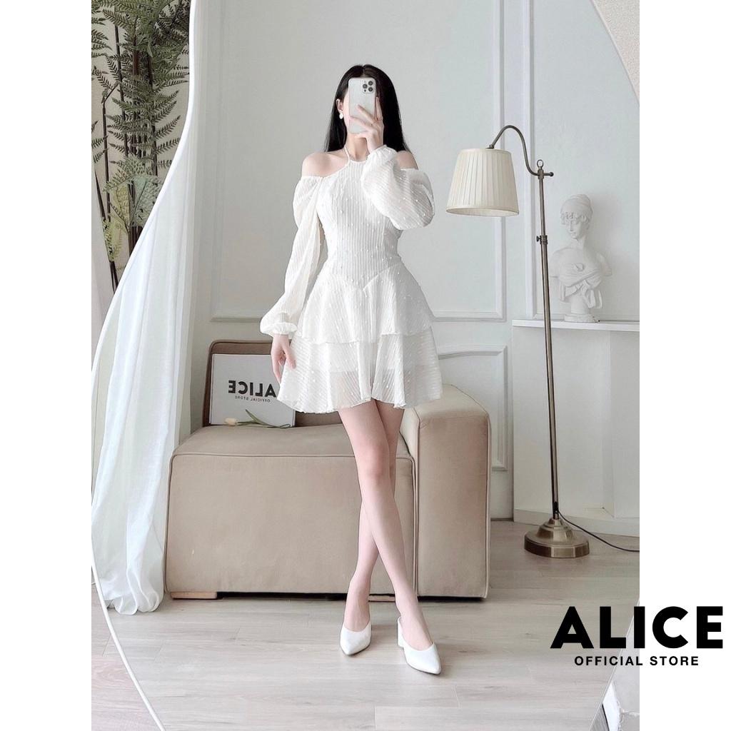 Váy Tiểu Thư Voan Hạt Cổ Yếm Trễ Vai ALICE Dáng Xòe Ngắn 2 Tầng Phối Tay Bồng Sang Chảnh V782