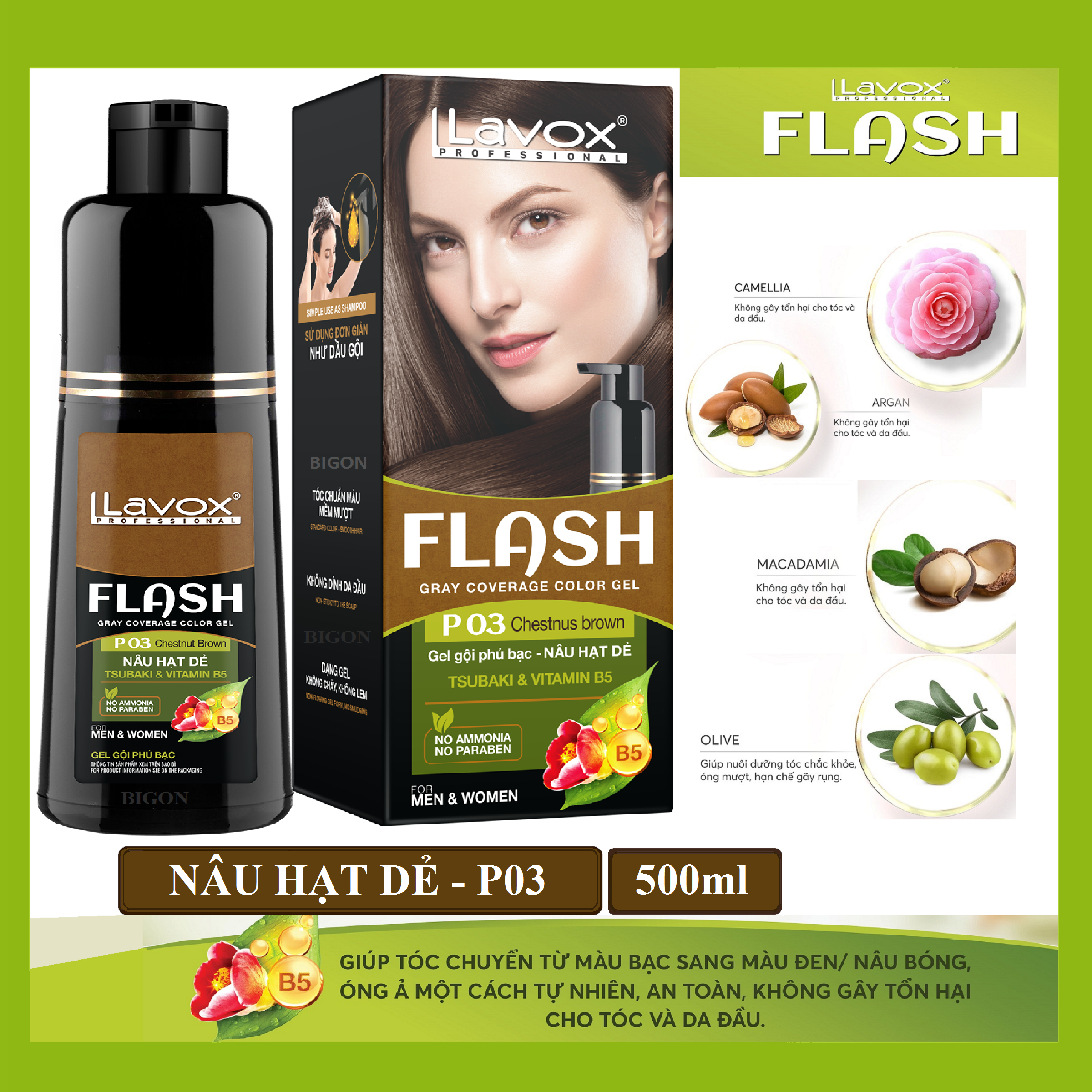 Dầu Gội Nhuộm Tóc Phủ Bạc Thảo Dược Siêu Dưỡng LAVOX FLASH 500ml - P03 - Màu Nâu Hạt Dẻ