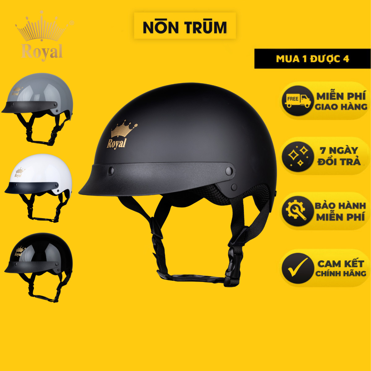 Mũ bảo hiểm xe máy 1/2 Royal M162 có lưỡi trai màu đen dành cho cả nam và nữ chính hãng