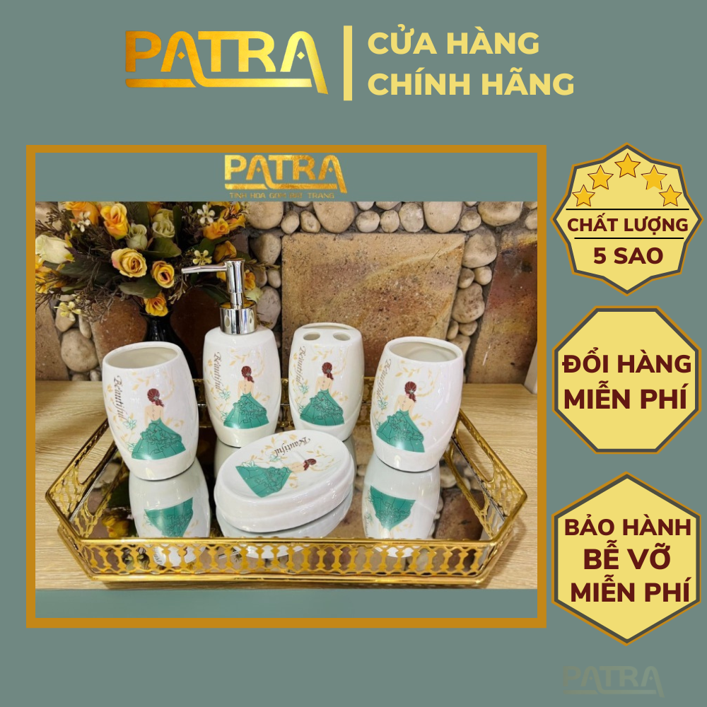 Set nhà tắm 5 món gốm sứ Bát Tràng - Bộ sứ vệ sinh, chai đựng sữa tắm dầu gội cao cấp