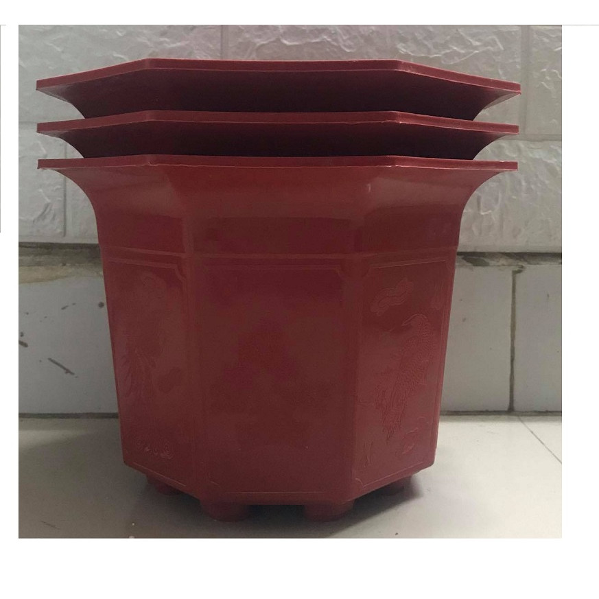3 Chậu Nhựa Trồng Cây Hoa, Cây Cảnh Bát Giác Màu Đỏ Kích Thước 210x170