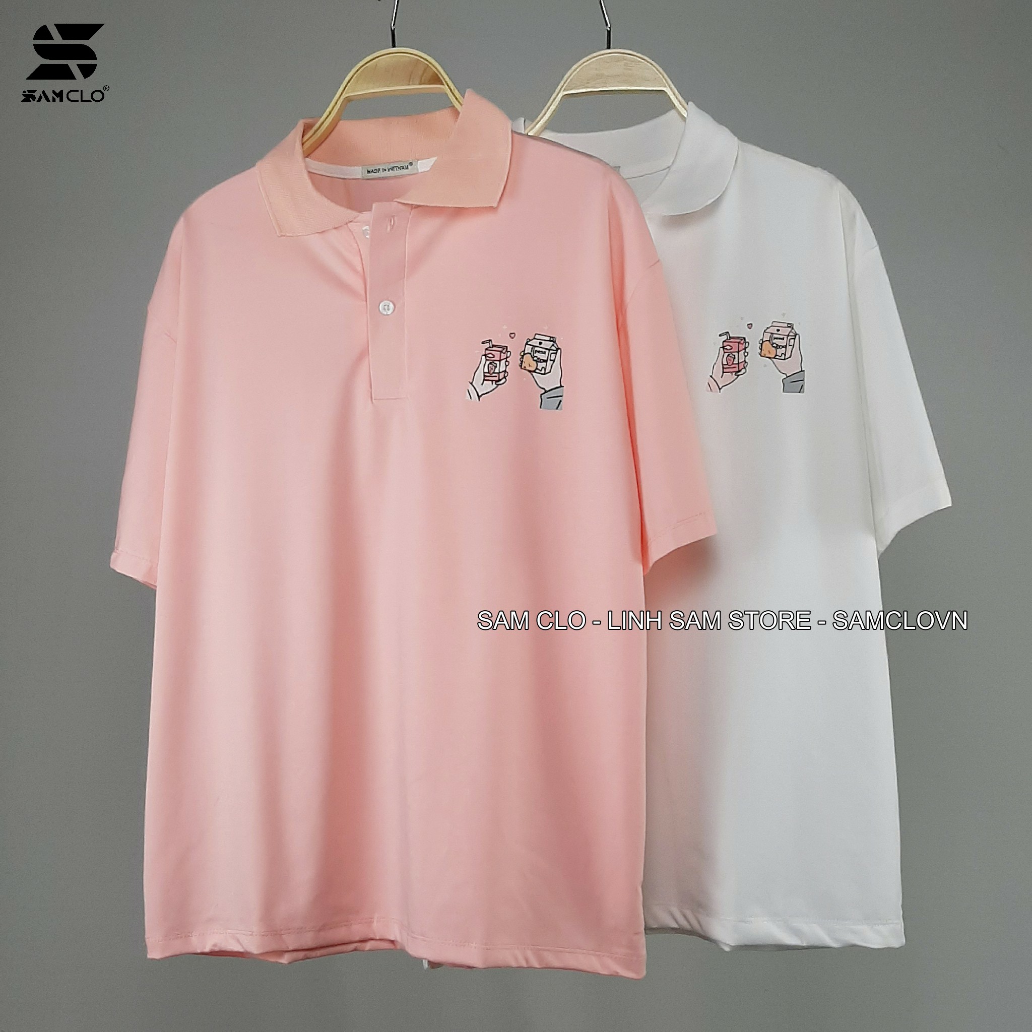 Áo thun Polo nữ tay lỡ form rộng SAM CLO phông freesize unisex mặc đi học, nhóm, lớp in hình HAI HỘP SỮA