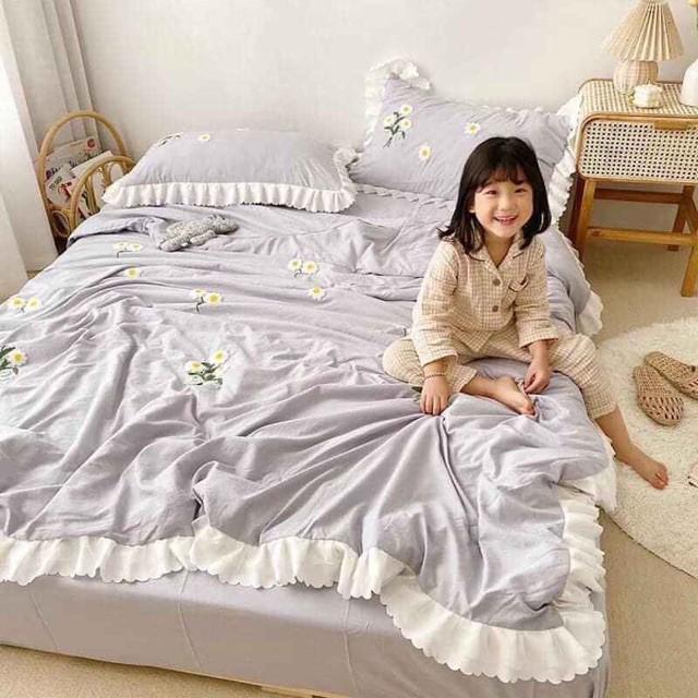 BỘ CHĂN GA GỐI COTTON ĐŨI BÈO HOA THÊU NỔI CHĂN TRẦN HÈ  NHIỀU MẪU CTD03