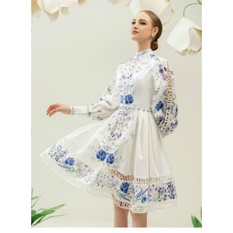 ĐẦM LỤA HOA CỔ TRỤ TAY DÀI
