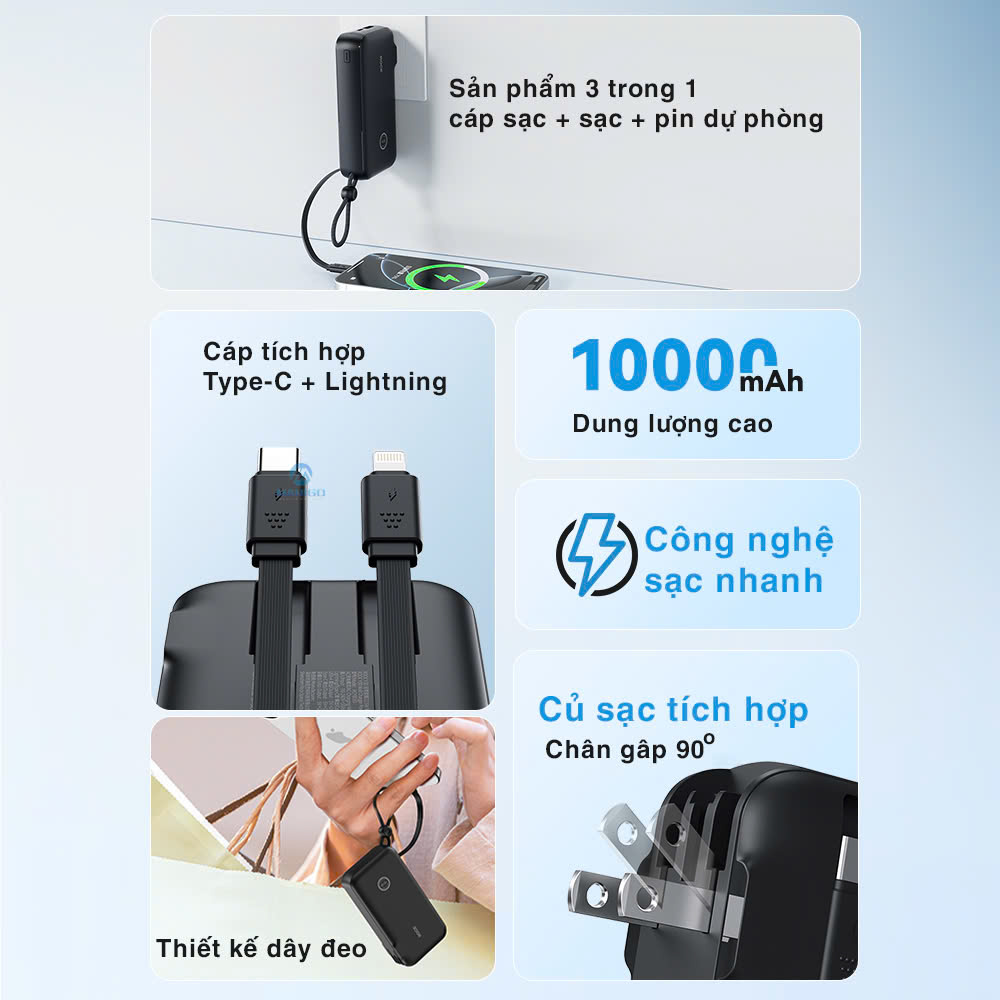 Pin sạc dự phòng ROCKSPACE Y30 10000mah sạc nhanh 22,5W tích hợp củ sạc, hàng chính hãng bảo hành 12 tháng