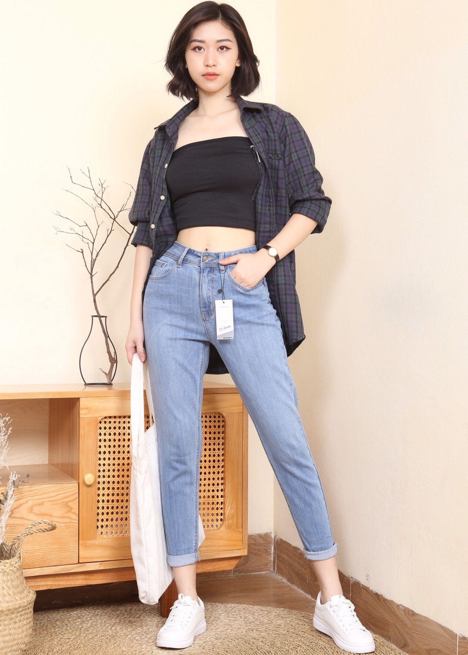 Quần jeans baggy nữ trơn lưng cao màu xanh cao cấp