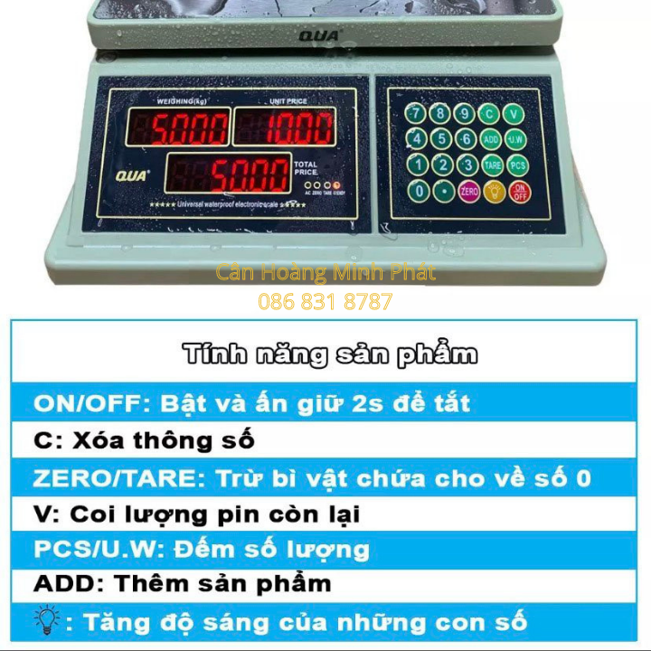 Cân điện tử tính tiền tự động chống nước dùng cân hải sản tươi sống 30kg - 40kg QUA832 (cân tính tiền tích điện)