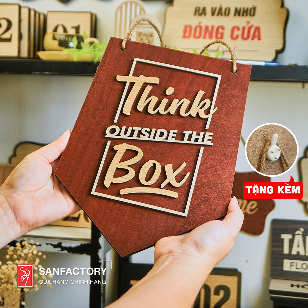 Bảng gỗ treo tường trang trí, Slogan Think Outside The Box, Decor Phong Cách Vintage cho Homestay, khách sạn, nhà hàng