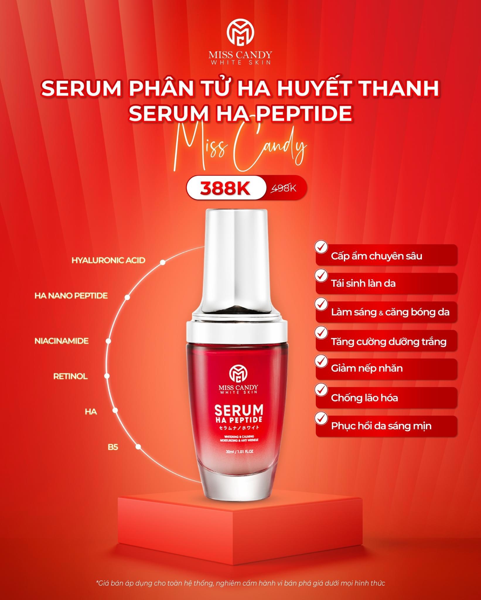 [MISS CANDY] Combo 2 Sản Phẩm Trắng Da Mờ Thâm, Sạm, Nám, Tàn Nhang Giúp Tái Sinh Làn Da Gồm Serum HA Peptide 30ml + Kem Dưỡng Trắng Da Face Nano 30g MISS CANDY - Gia Tuệ House