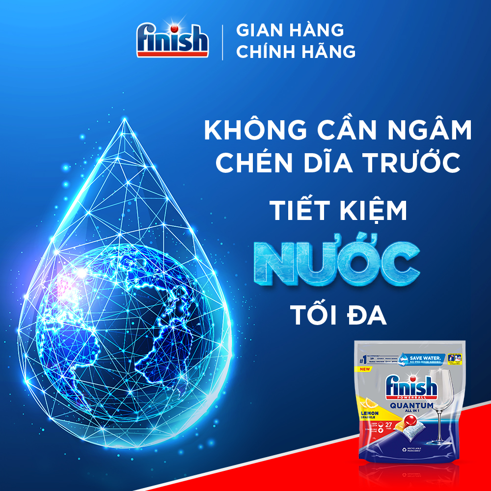 Combo Finish toàn diện: Bộ 3 túi viên rửa chén Quantum 27 viên + Nước làm bóng 500ml + Muối rửa chén bát 1kg