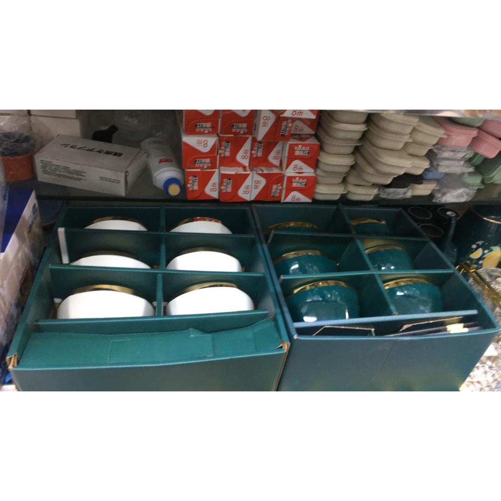 Bộ 6 bát con ăn cơm sứ trắng viền vàng TẶNG KÈM BỘ ĐŨA SỪNG CAO CẤP