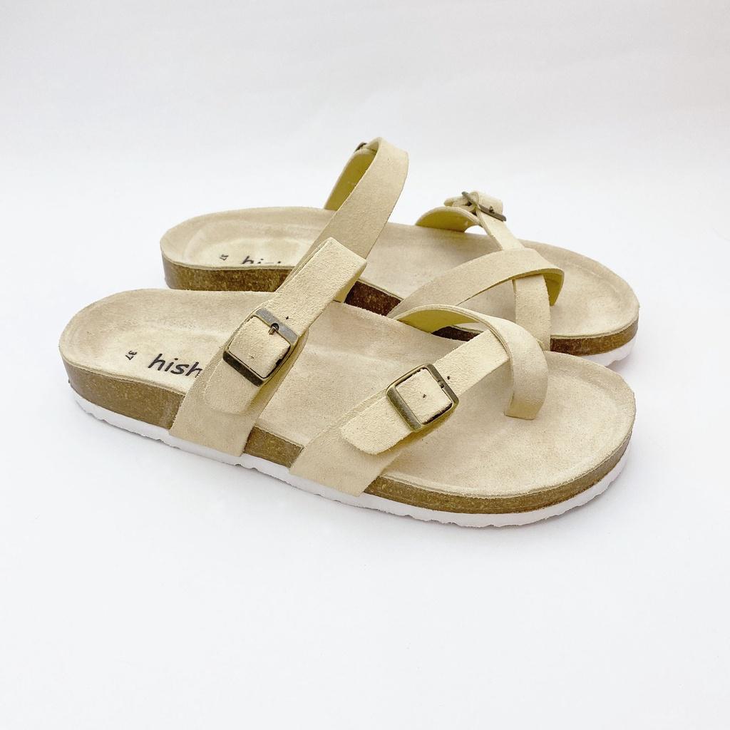 Dép đế trấu birken nam nữ unisex 2 khóa quai xỏ ngón da bò size 35 - 43 chính hãng Hishoo S101