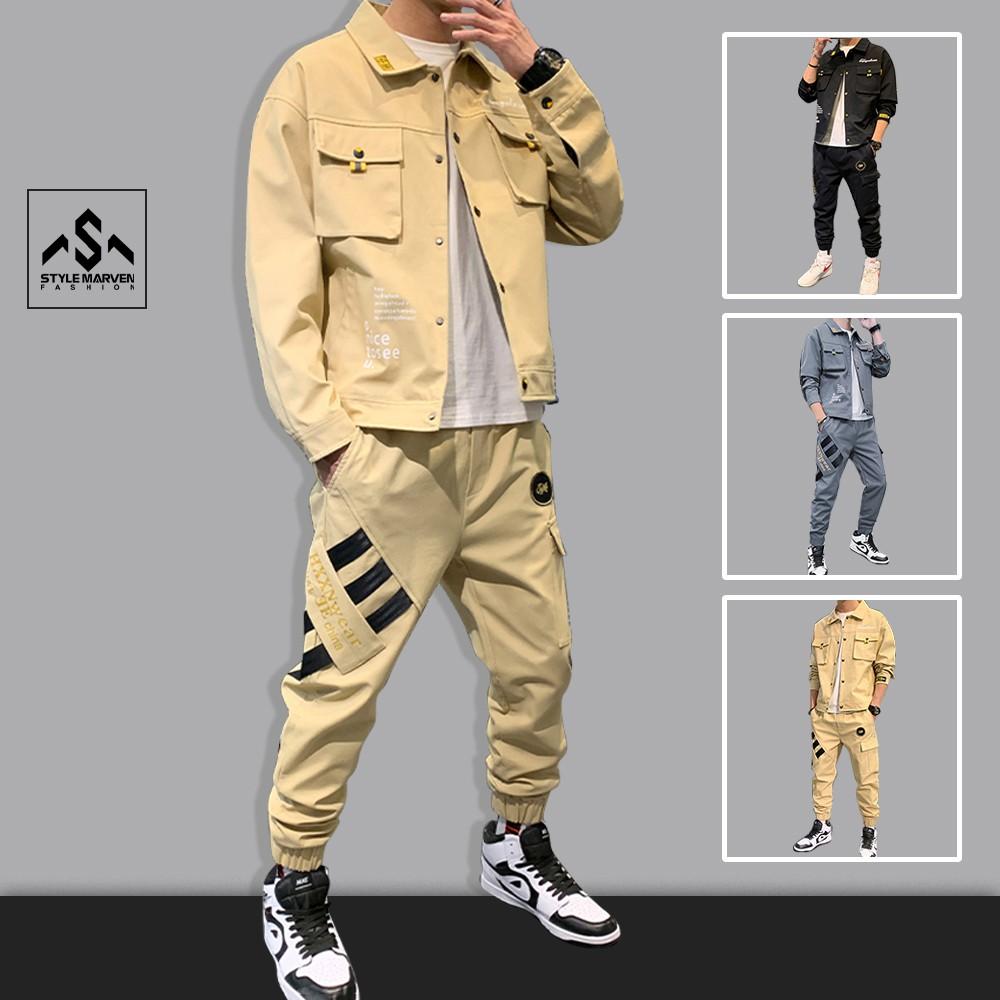Bộ đồ nam kaki dài tay cổ bẻ túi hộp kết hợp quần jogger sọc bo gấu cá tính STYLE MARVEN - SET NAM 90000124