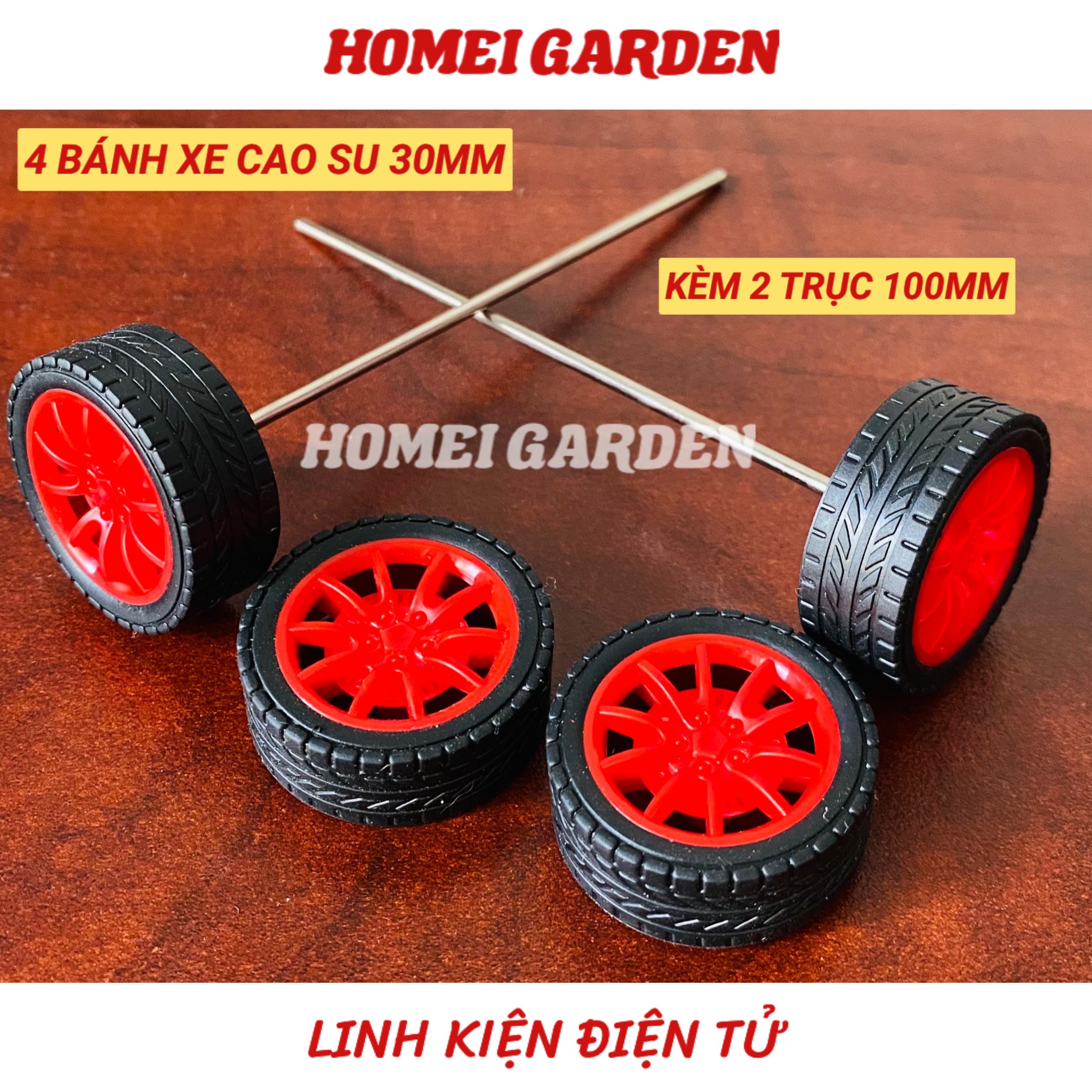 Bộ 4 bánh xe cao su đường kính 30mm kèm 2 trục dài 100mm DIY mô hình - HM0127