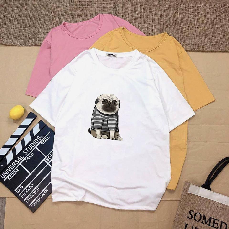 Áo thun tay lỡ unisex chó pug dễ thương vải dày mịn 20N1259