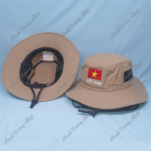 Nón tai bèo nón lính nam thêu Lá Cờ Việt Nam, có lỗ thông gió bên hông nón - Kaki đậm