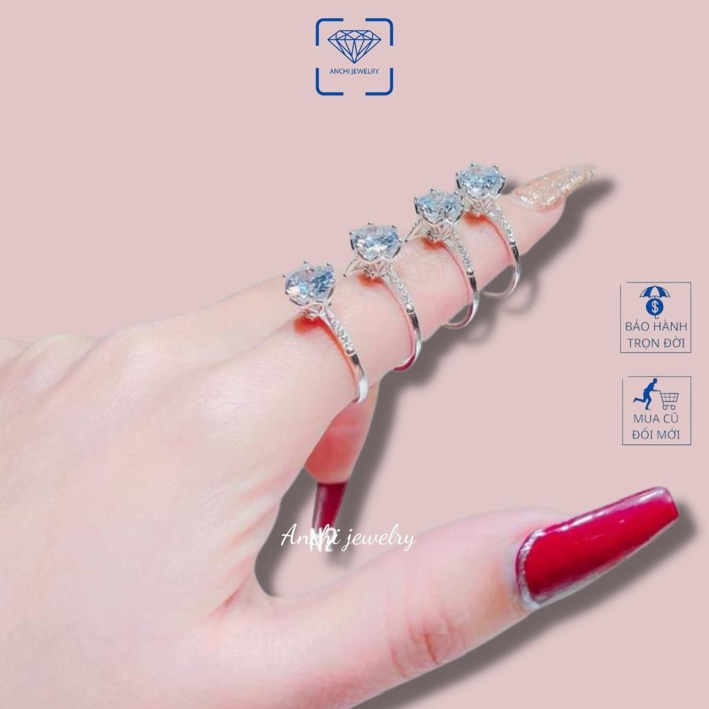 Nhẫn bạc trơn đính đá tròn nhỏ nhô cao màu trắng, nhẫn nữ bạc thật, Anchi jewelry