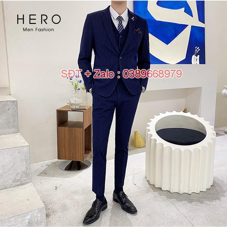 Bộ Vest Nam Cao Cấp màu Xanh than Kẻ sọc, Suit Nam Hàn Quốc Chất Vải Sịn, Quần có tăng chỉnh size