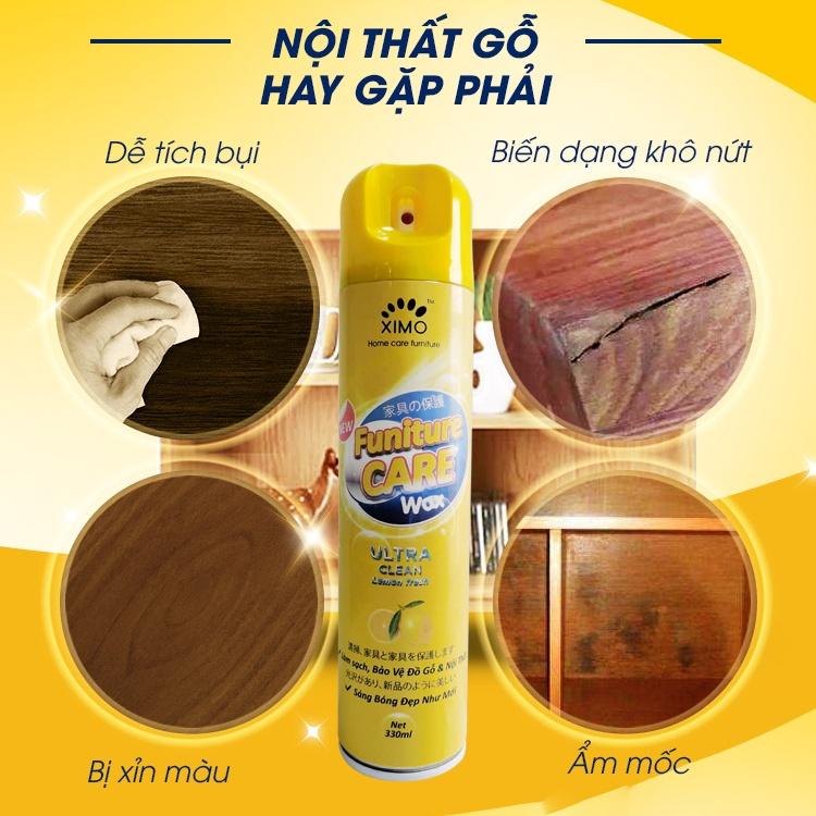 Chai Xịt Làm Sạch Đánh Bóng, Bảo Dưỡng Đồ Gỗ Furniture Care Wax Ximo Home Hương Chanh 330ml