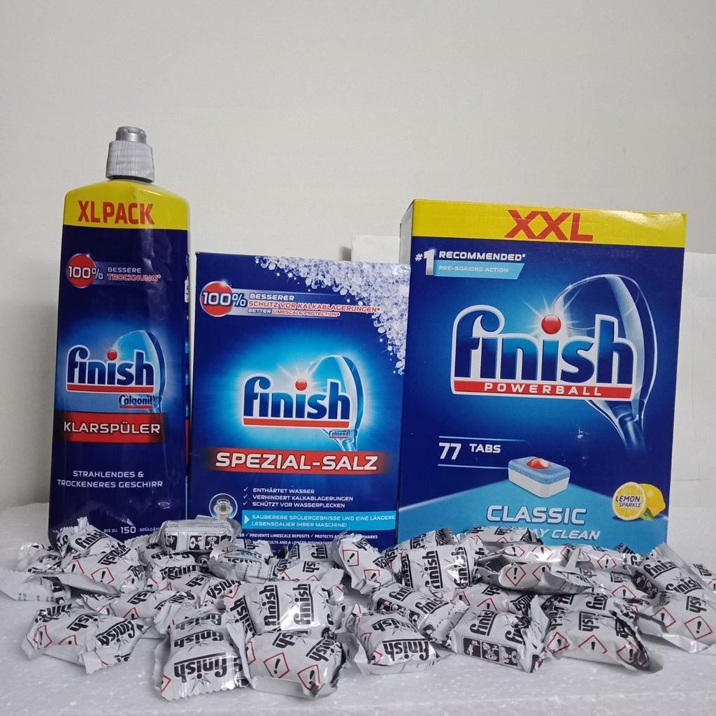 Combo 77viên rửa bát Finish+1.2kg muối rửa bát Finish+Nước làm Bóng Finish 750ml dùng cho máy rửa bát chén nk châu Âu