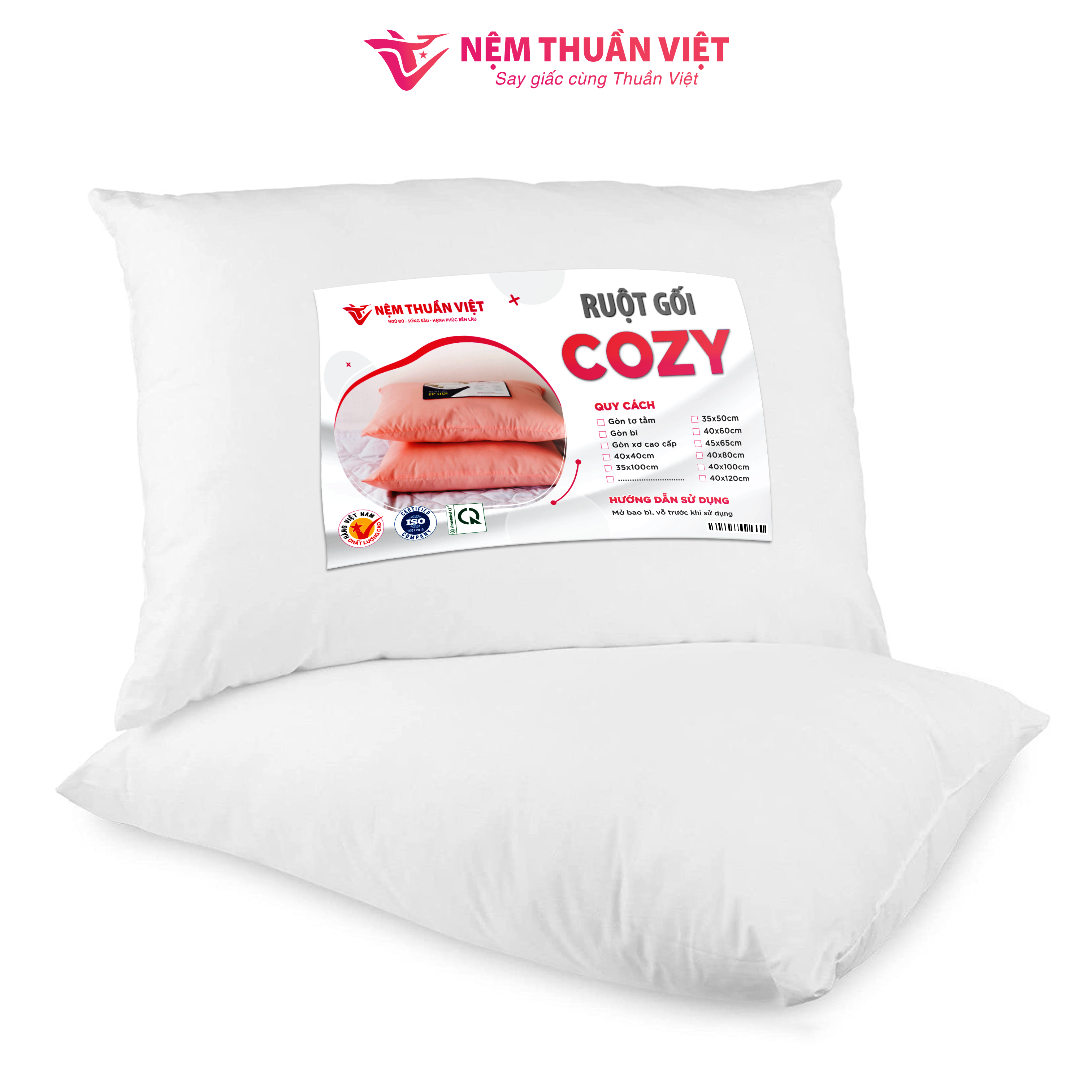 Ruột Gối Nằm Thuần Việt Cozy Trắng Cao Cấp, Êm Ái Vượt Trội, Thoáng Mát