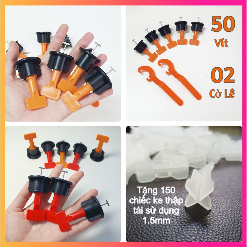 Bộ 50 Chiếc Ke Vít Vặn Tái Sử Dụng Kèm 02 Cờ Lê Móc + Tặng 150 Chiếc Ke Thập Tái Sử Dụng Căn Góc Và Mạch 1.5mm