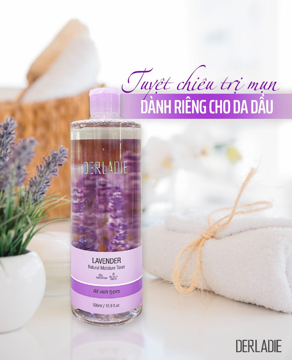 Nước hoa hồng kháng viêm, kiềm dầu và hỗ trợ làm giảm mụn Derladie Lavender Natural Moisture Toner 500ml + tặng 1 băng đô tai mèo xinh xắn ( màu ngẫu nhiên)