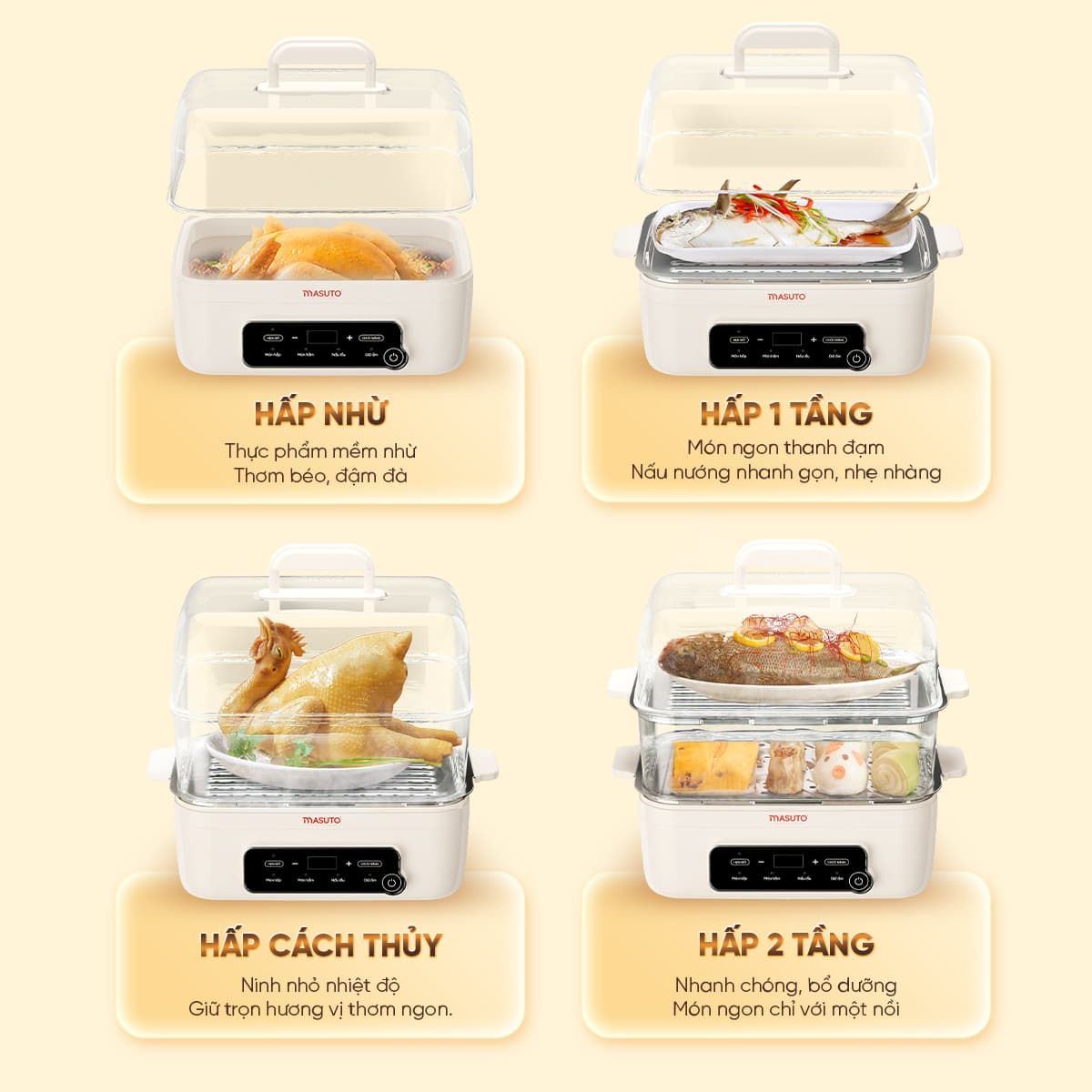 Nồi Lẩu Hấp Đa Năng 3in1 Masuto MSSteam - Vừa Lẩu, Vừa Hấp, Vừa Hầm, Công Suất 1500W, Dung Tích 14,5L, Hấp Gà Nguyên Con - Hàng chính hãng